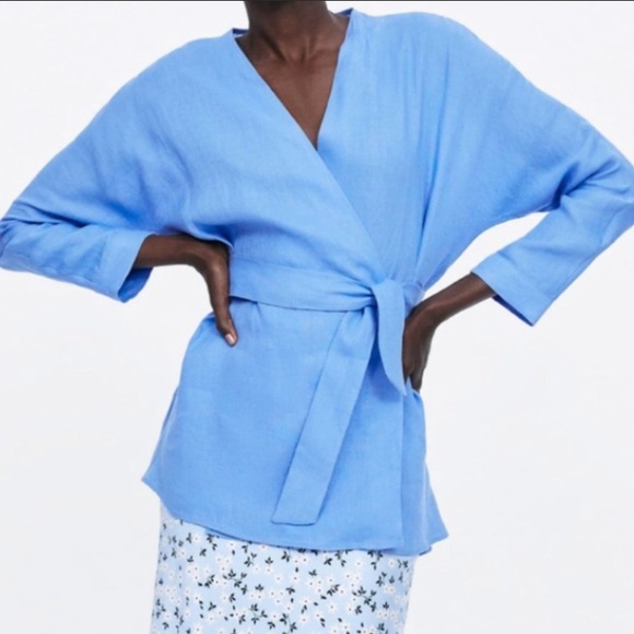 Zara Tops - Zara Blue Linen Wrap Kimono Styling Blouse